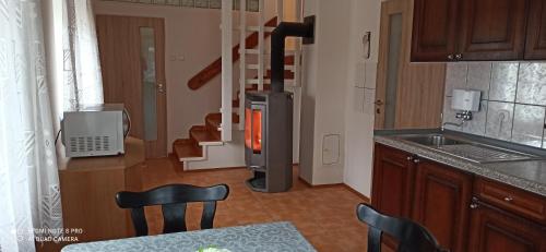 uma cozinha com fogão no meio de uma sala em Chalupa u Tomáše em Brumovice