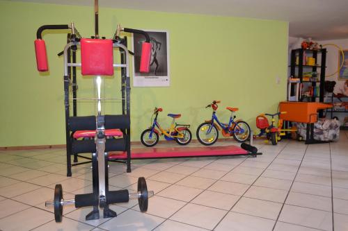 a gym with two bikes in a room with a gym at Appartementhaus Astl in Sankt Johann in Tirol