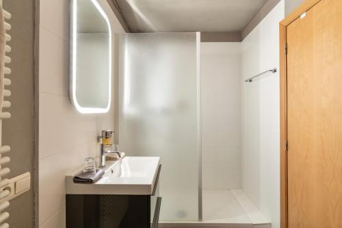uma casa de banho com um lavatório e um chuveiro em Holiday-Home Maas&Mechelen em Maasmechelen