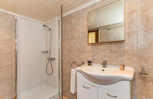 a bathroom with a sink and a shower at Arethusa Cottage in Vathi, Ithaka