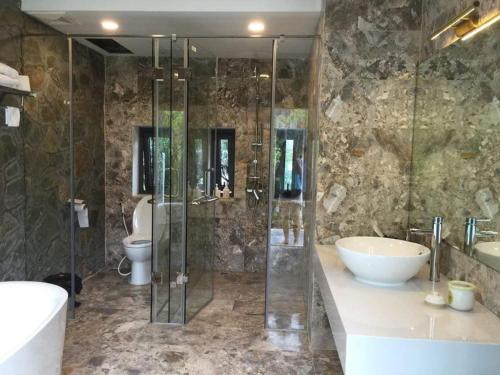 y baño con ducha, lavabo y aseo. en Flamingo Villa Đỗ Quyên en Vĩnh Phúc