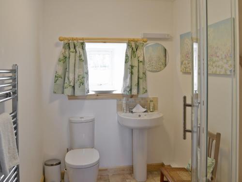 a bathroom with a sink and a toilet and a window at Paterson Cottage in Tore