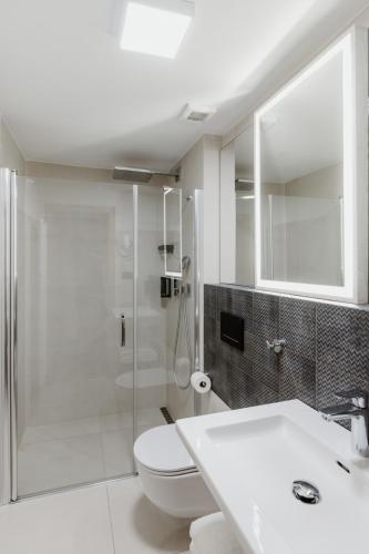 a bathroom with a shower and a toilet and a sink at Penzion Austis in Znojmo