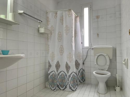 La salle de bains est pourvue de toilettes et d'un rideau de douche. dans l'établissement Angelos Furnished Apartments, à Amoopi