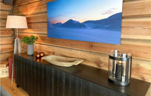 a tv hanging on a wooden wall above a counter at Amazing Home In Rauland With Wifi in Rauland