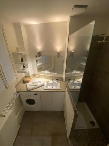 - une petite salle de bains avec deux lavabos et un miroir dans l'établissement Petit coin de paradis Paris 16, à Paris