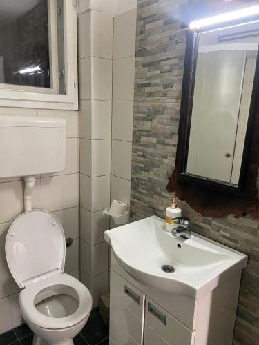 a bathroom with a white toilet and a sink at Mala Oaza in Čačak