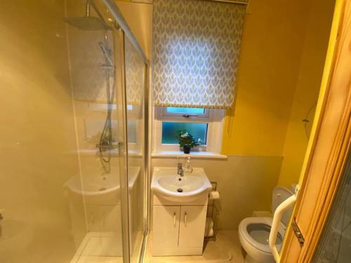 a bathroom with a shower and a sink and a toilet at Glasgow excellent lodging home in Glasgow