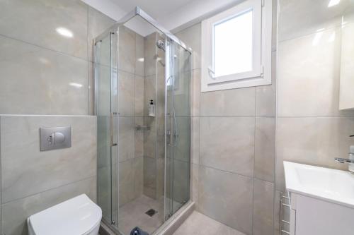 a bathroom with a shower and a toilet and a sink at Nefeli & Nefeli Luxury Residential Complexes in Ofrínion