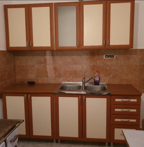 eine Küche mit Holzschränken und einem Waschbecken in der Unterkunft Dedovina in Aranđelovac