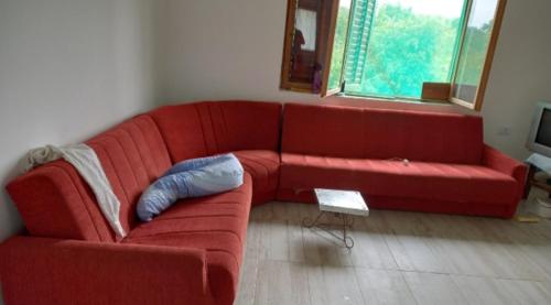 ein rotes Sofa im Wohnzimmer in der Unterkunft Dedovina in Aranđelovac