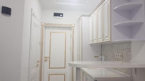 a white kitchen with a white door and a sink at Гостьовий будинок Східна 19 in Umanʼ