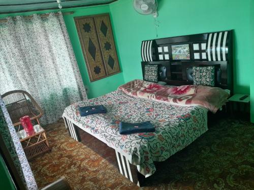 a bedroom with a bed in a green room at Foreshore Resort in Srinagar