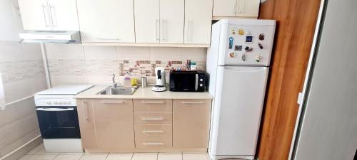 una pequeña cocina con nevera blanca y fregadero en Perfect View Apartament en Bucarest