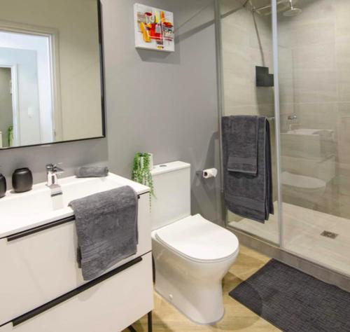 y baño con aseo, lavabo y ducha. en Executive City Micro Living in Long Street at One Thibault en Ciudad del Cabo