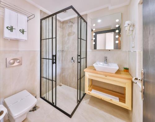 a bathroom with a shower and a toilet and a sink at Cinar Butik Hotel in Kas