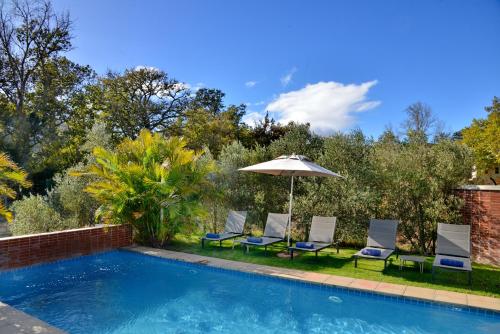 einen Pool mit Stühlen und einem Sonnenschirm in der Unterkunft Ladybird Lodge in Stellenbosch