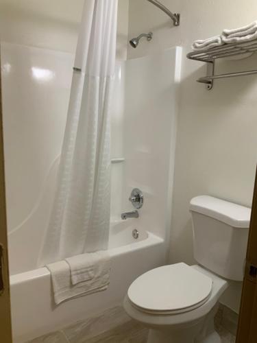 a white bathroom with a toilet and a shower at Town & Country Inn in Troy