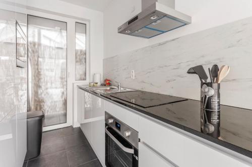 a kitchen with a sink and a counter top at Center of Antwerp, Fully Equipped, Train Station in Antwerp