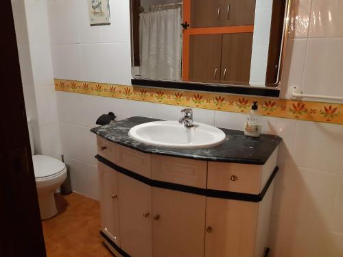 ein Badezimmer mit einem Waschbecken, einem Spiegel und einem WC in der Unterkunft Ventorrillo Cabaña 1 in Riópar