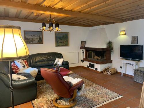 een woonkamer met een bank en een open haard bij Lilly Chalet- Apartments with private sauna, close to ski lifts in Bad Kleinkirchheim