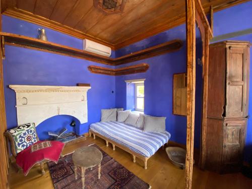 - un salon avec des murs bleus et un canapé dans l'établissement Kasa Antika, à Megísti