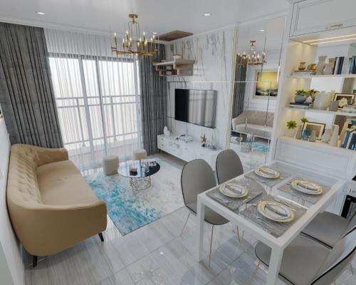 河內的住宿－Lu Luxury Homestay et Apartment - Vinhomes Smart City Hanoi，客厅配有桌椅和电视。