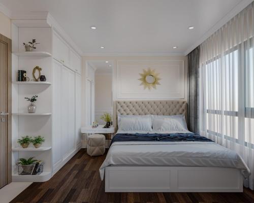 a bedroom with a large bed and a window at Lu Luxury Homestay et Apartment - Vinhomes Smart City Hanoi in Hanoi