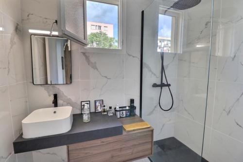 a bathroom with a sink and a shower at Charmant T2 Climatisé avec Parking in Ajaccio