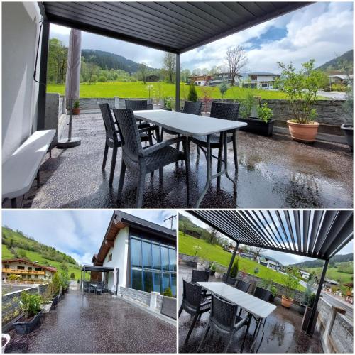 a collage of photos with a table and chairs at Ferienwohnung Neuheim in Niederau