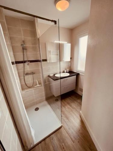 une petite salle de bain avec douche et toilettes dans l'établissement Ty Ar Mor, à Saint-Malo