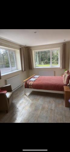 ein Schlafzimmer mit einem großen Bett und zwei Fenstern in der Unterkunft Haven of Trees - Hafan Y Coed in Abercraf