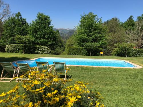 una piscina en un patio con sillas y flores en Treehouse Quinta Lamosa, en Arcos de Valdevez