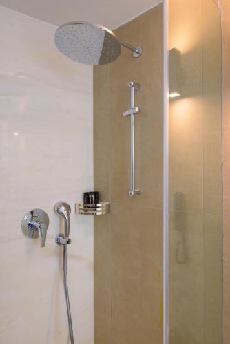 a shower with a shower head and a glass door at Mirabella Hills in Agios Nikolaos
