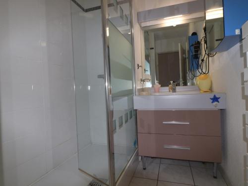 une salle de bain avec un lavabo et une douche dans l'établissement Superbe 3 pièces avec terrasse de 74m², clim et wifi, à Sète - FR-1-472A-131, à Sète