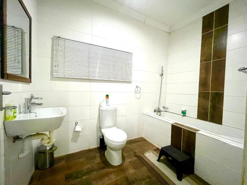 a bathroom with a toilet and a sink and a tub at Swane’s guesthouse in Rustenburg