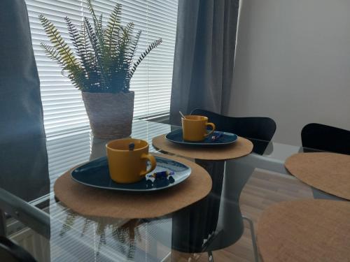 two cups of coffee sitting on a glass table at Viihtyisä yksiö keskustan lähettyvillä in Oulu