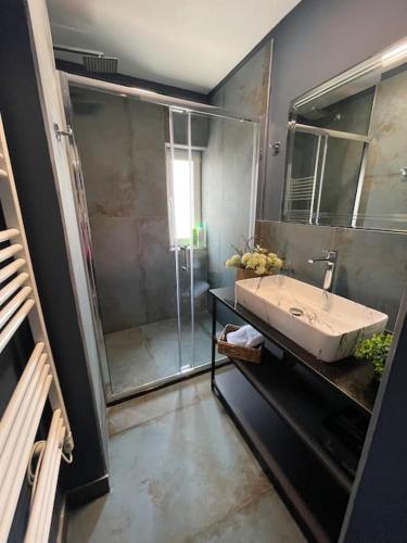 un bagno con lavandino e doccia di Voyage Penthouse a Tirana