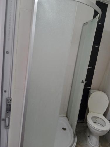 a small bathroom with a toilet and a shower at Rainford aprt in Denizli