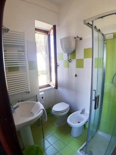 a bathroom with a sink and a toilet and a shower at Locanda Rossovino in Montebello