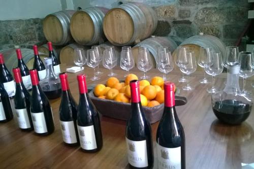 un montón de botellas de vino en una mesa con un tazón de naranjas en Lemon Tree Cottage at Terrus Winery en Barrô