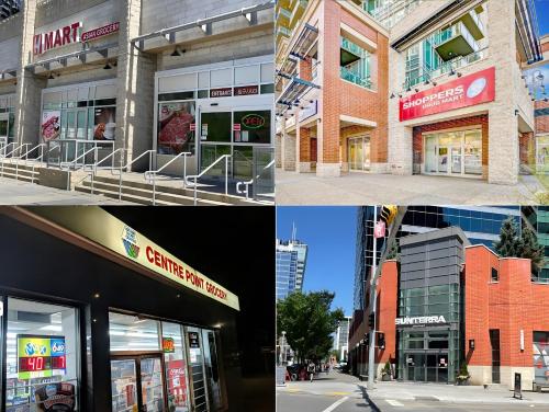 a group of four pictures of a building at Entire Condo Downtown, walk to BMO & Stampede, Parking, 1,5 hrs to Banff in Calgary