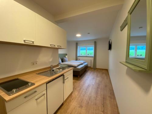 a kitchen with a sink and a couch in a room at Bike Lodge Spessart in Lohr am Main