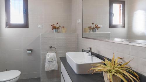 La salle de bains est pourvue d'un lavabo, de toilettes et d'un miroir. dans l'établissement La Antigua Fábrica Teba by Ruralidays, à Teba