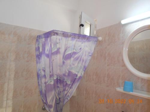 a purple shower curtain in a bathroom with a mirror at Garifalia Studios in Kalamaki Heraklion