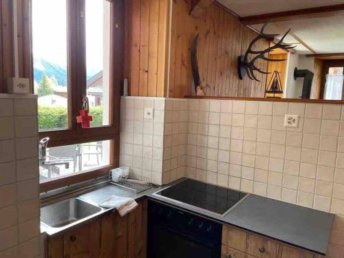 a kitchen with a sink and a counter top at Charmant 2,5 pièces avec jardin à 2 pas du lac in Champex