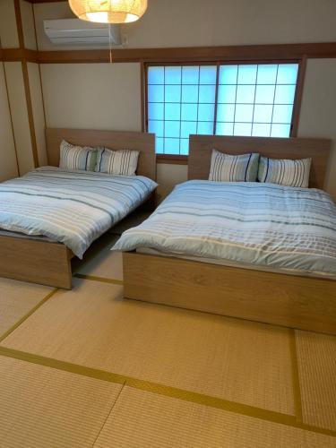 two beds sitting next to each other in a bedroom at GUEST HOUSE APPLE in Osaka