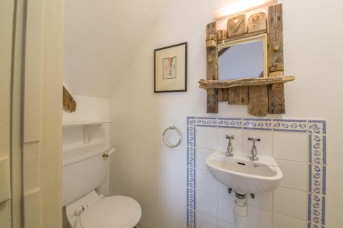 a bathroom with a sink and a toilet and a mirror at Brooke Cottage in Little Walsingham