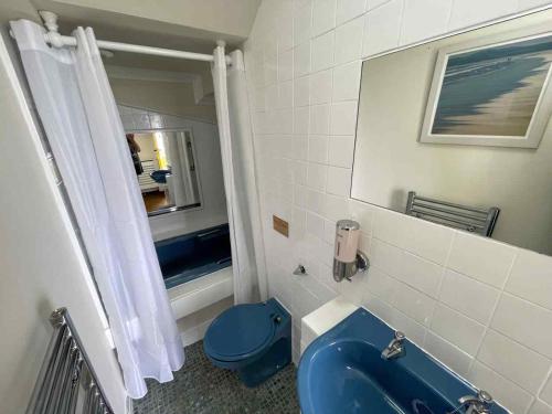 uma casa de banho com um WC azul e um lavatório. em Todday Snug Self Catering Studio em Ersary