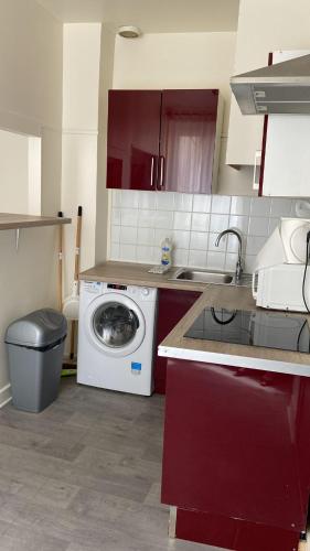 une cuisine avec une machine à laver et un évier dans l'établissement Comfy Parisian studio!, à Ivry-sur-Seine